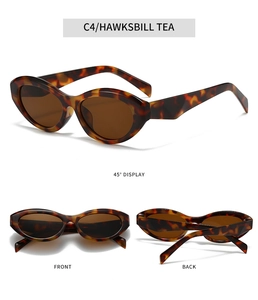 Three-way view of retro oval sunglasses featuring hawksbill tea frames and tinted lenses