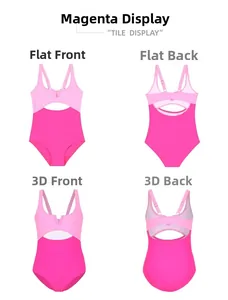 Detailed views of girls' one-piece swimsuit featuring cutout design and contrast colors