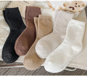 Detailed view of five pairs of thick fleece thermal socks in assorted earthy tones
