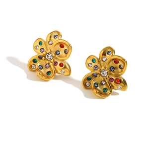 Vintage 18K gold plated flower earrings with colorful crystals and white center stone