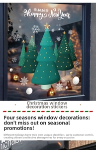 Macro detail of Christmas tree stickers and Happy New Year 2026 text on glass window