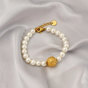 Minimalist pearl necklace and bracelet set with golden stainless steel beads and silk