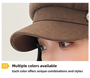 Detail view of brown octagonal newsboy hat with textured wool fabric and side metal button