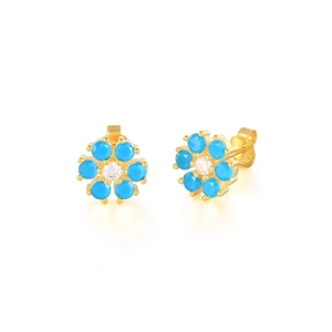 Detailed front and side view of gold S925 flower studs with turquoise petals and diamonds