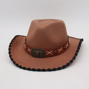 Sombrero de Vaquero Western Vintage con Hebilla de Cabeza de Toro Banda de Cuero Borde Trenzado Fedora para Hombre Mujer