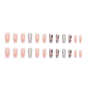 French ballet press-on nails with silver glitter and black leaf silhouettes, 24 piece set