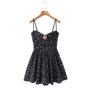 Floral Print Cami Mini Dress Polyester Spaghetti Strap Backless Lace Up Sweet French Vintage Style Women