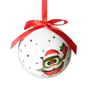 7cm Christmas foam ball ornament with cute cartoon owl pattern and red ribbon bow