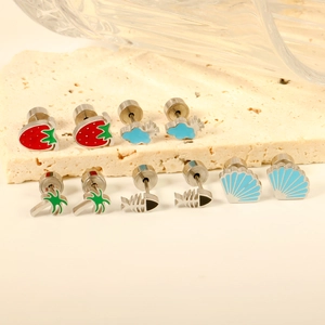 Five pairs of cute stainless steel stud earrings with strawberry and cloud enamel designs