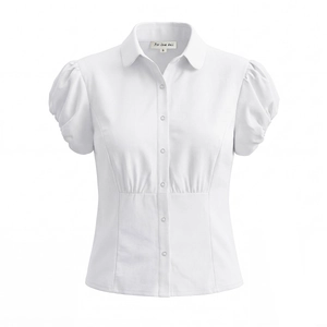 Women White Blouse Short Puff Sleeve Slim Fit Cinched Waist Lapel Collar Vintage Sweet Shirt Top