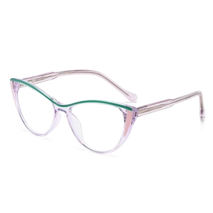 Purple cat-eye blue light blocking glasses with green accents in a stylish retro design