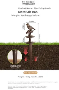 Detail view of vintage iron bird hose guide with dimensions and ground stake specifications