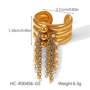 Détail d'une bague en acier inoxydable doré 18K avec pampilles perles et dimensions