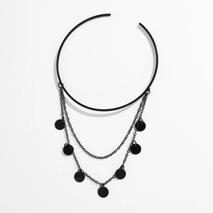 Detail showing multi-layer black gothic chain choker with circular pendants and matte finish