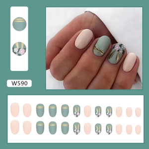 Short oval sage green press-on nails with matte pink, gold stripes and floral rabbit art
