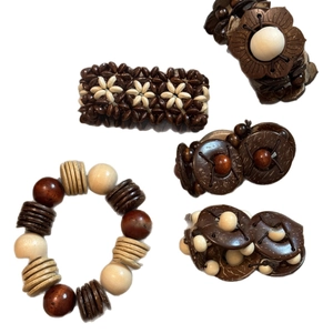 Bohemian style coconut shell and wood bead elastic bracelet set with ethnic charms