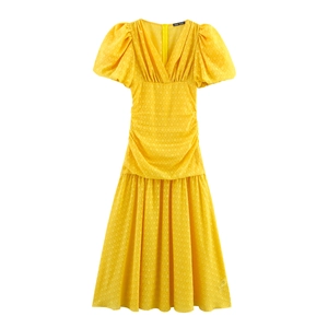 V-Ausschnitt Puffärmel Maxikleid Strukturierter Jacquard Hohe Taille Gesmokt A-Linie Elegant Damen Gelb