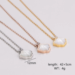 Fan Shaped Shell Pendant Necklace Stainless Steel White Mother Of Artificial Pearl Zircon Elegant Hexagonal Jewelry For Women