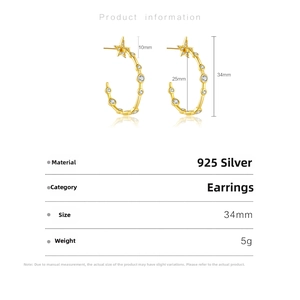 Detailed view of gold S925 silver star hoop earrings with dimensions and specifications