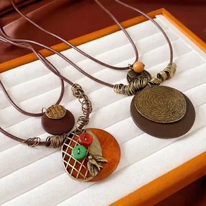 Vintage Long Pendant Necklace Alloy Wood Peach Leather Rope Ethnic Geometric Retro Maillard Sweater Chain For Women