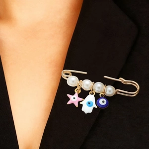 Broche Ethnique en Alliage Plaqué Or Mauvais Œil Main De Fatma Épingle De Sûreté Avec Künstliche Perle D'imitation Pendentif Émail Bijoux Mode Femme