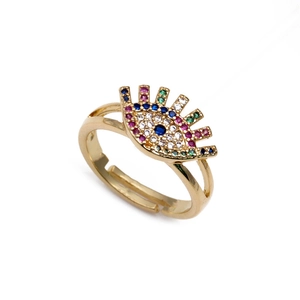 Golden open adjustable evil eye ring with colorful zircon stones on a white background