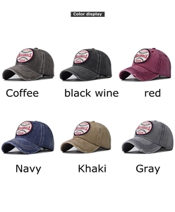Six vintage washed cotton baseball caps in various colors with embroidered patches