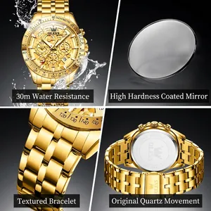 Golden OLEVS chronograph watch for men with stainless steel strap and 30m waterproof display