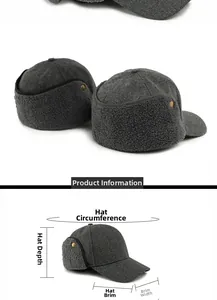 Detailed size specifications for winter wool blend baseball cap with ear protection