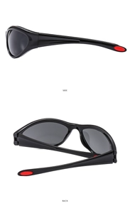 Side and back view of sporty black Y2K sunglasses with signature red non-slip rubber pads