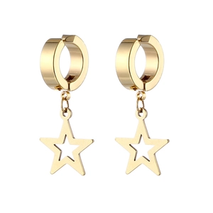 Detail view of gold hollow star charm earrings made of polished stainless steel