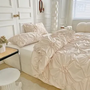 French cream-style bedding set with 3D floral pinch pleat texture in ivory white color