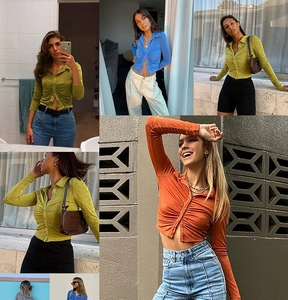 Collage of cropped long sleeve tops in green, blue, and orange with button details