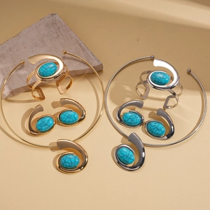 Bohemian style resin turquoise twisted metal collar necklace and cuff bracelet jewelry set