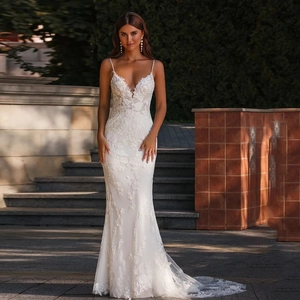 Élégante Robe De Mariée Sirène En Dentelle Col V Fines Bretelles Broderie Florale Longue Traîne Pour Femmes Robe Nuptiale Blanc