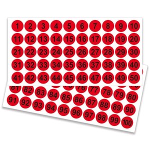 Runde Aufkleber mit Zahlen 1-100 auf rotem Hintergrund für Organisation und Etiketten