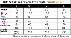 Detailed size chart for striped pajama-style pants with waist, hip and length measurements