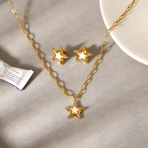 Star Pentagram Jewelry For Women Stainless Steel 18K Gold Plated Necklace And Stud Earrings With White Shell Inlay
