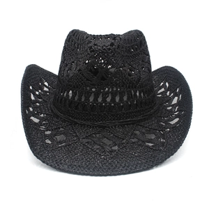 Detailed view of black breathable woven straw western cowboy hat with wide upturned brim
