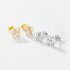 Elegant 925 sterling silver earrings with opal, pearl, and zircon in flower cluster design