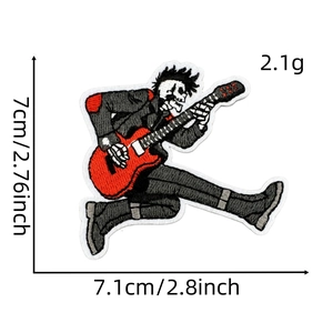 Detail view of skeleton punk guitar patch showing embroidery texture and dimensions