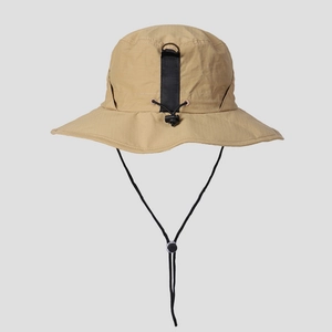 Detail of khaki outdoor nylon sun hat with adjustable drawcord and metal D-ring attachment