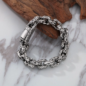 Vintage hammered silver steel bracelet for men with retro brushed finish and large clasp