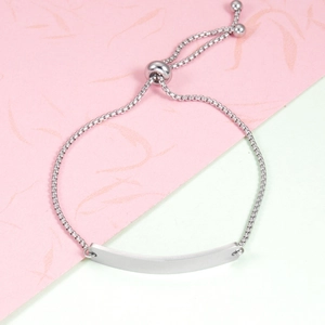 Polished silver stainless steel curved bar bracelet with adjustable box chain for women