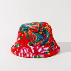 Close-up detail of the colorful tie-dye faux fur texture on a plush bucket hat