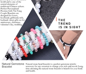 Detail of 8mm natural stone bracelets with Yin Yang charms in multiple colors for couples