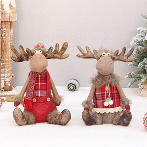 Standing Christmas reindeer plush dolls in red plaid outfits with telescopic legs