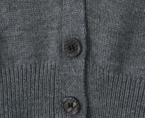 Gros plan détaillé de l'ourlet côtelé et des boutons sombres du cardigan gris