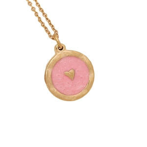 Vintage gold necklace with pink enamel round pendant and heart cross detail for women