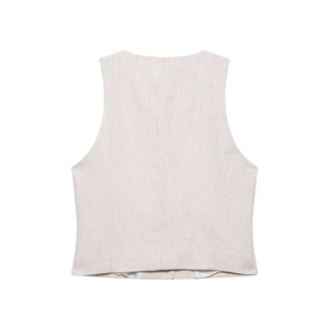 Back view of minimalist beige linen blend waistcoat featuring a tailored straight-cut silhouette